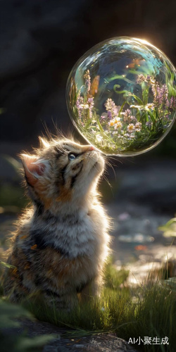 超可爱小猫吹泡泡、一个大泡泡里有森林、花草、小猫绒毛刻画细腻、阳光照在xiao ma小猫身上、背景是小溪旁、草地上、高清度、高去污。可爱