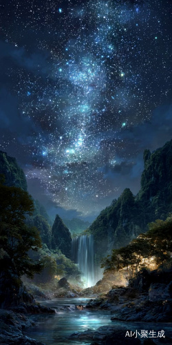 璀璨星中，繁星点点，一道发光的瀑布，从天而降，像会流动的银绸子。