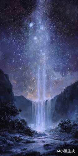 璀璨星中，繁星点点，一道发光的瀑布，从天而降，像会流动的银绸子。