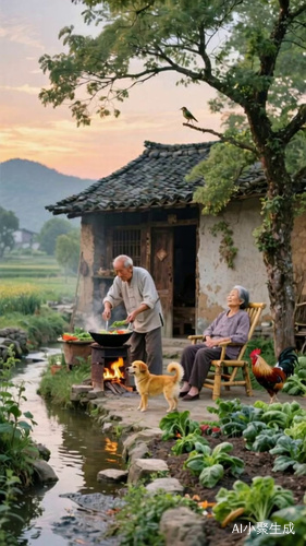 爷爷在做饭，奶奶在哼小曲，小狗在叫，鸡在觅食，小鸟在鸣唱，树叶随风摇曳，小河水在流淌。