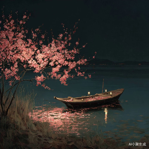 月亮，夜幕下，几株盛开的桃花垂落在湖面上