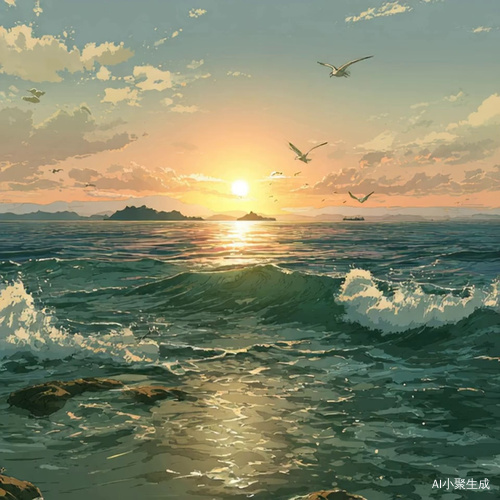 太阳在海面上落山,创造了美丽的波浪和天空中的海鸥。这个场景美丽而浪漫,有柔和的色彩和温暖的氛围。卡通风格,动漫风格,日本动画风格,在新海诚的风格中。明亮的光线,高分辨率,高质量,以及对细节的详细描绘。高角度透视,自然风景,平静的水面,遥远的岛屿,以及漂浮的云彩。生动的配色方案,温暖的色调,明亮的阳光。我无法相信它有多美。