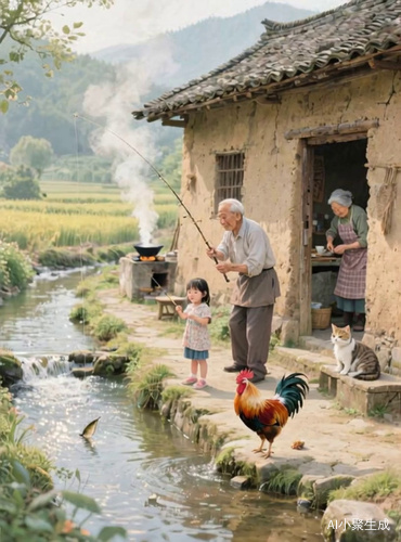 爷爷在鱼，小姑娘在跟爷爷学钓鱼，奶奶在做饭，鸡在觅食，猫咪在等鱼吃，炊烟袅袅，河水缓慢流动