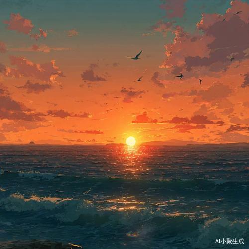 太阳在海面上落山,创造了美丽的波浪和天空中的海鸥。这个场景美丽而浪漫,有柔和的色彩和温暖的氛围。卡通风格,动漫风格,日本动画风格,在新海诚的风格中。明亮的光线,高分辨率,高质量,以及对细节的详细描绘。高角度透视,自然风景,平静的水面,遥远的岛屿,以及漂浮的云彩。生动的配色方案,温暖的色调,明亮的阳光。我无法相信它有多美。