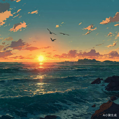太阳在海面上落山,创造了美丽的波浪和天空中的海鸥。这个场景美丽而浪漫,有柔和的色彩和温暖的氛围。卡通风格,动漫风格,日本动画风格,在新海诚的风格中。明亮的光线,高分辨率,高质量,以及对细节的详细描绘。高角度透视,自然风景,平静的水面,遥远的岛屿,以及漂浮的云彩。生动的配色方案,温暖的色调,明亮的阳光。我无法相信它有多美。