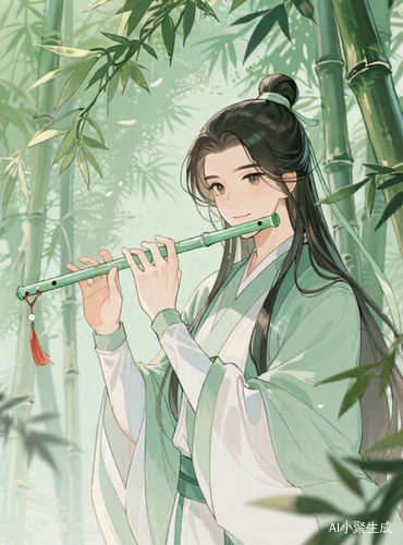 古风漫画版，长头发，吹笛子，背景是竹林，绿色调