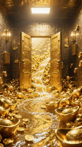在一个很大的密室，密室里金光闪闪，到处都是金元宝，两扇龙门缓缓打开，满屋的金元宝像河水一样往外流