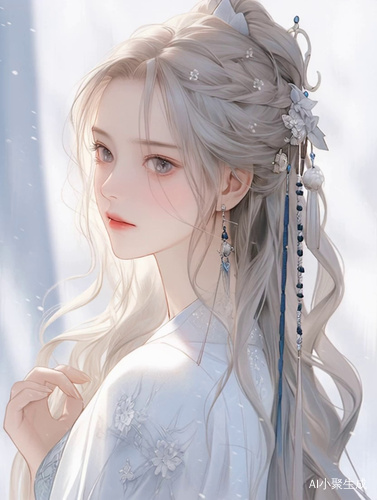 古风美人，妆发服饰描述：墨兰色瞳孔，白色长发， 星绘 1.4，白色汉服背景描述：干净背景，浅蓝背景，摄影构图描述：柔和光线，细节清晰，温柔表情，清冷，高冷优雅。 动漫唯美二次元，风铃在清风的吹拂下微微晃动