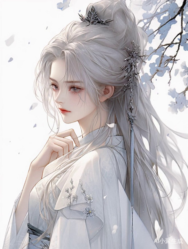 古风美人，妆发服饰描述：墨兰色瞳孔，白色长发， 星绘 1.4，白色汉服背景描述：干净背景，浅蓝背景，摄影构图描述：柔和光线，细节清晰，温柔表情，清冷，高冷优雅。 动漫唯美二次元，风铃在清风的吹拂下微微晃动