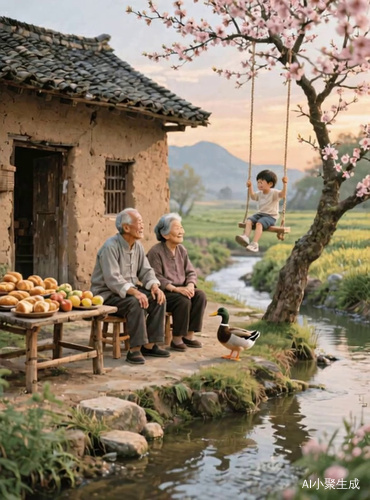 小溪水缓缓流动，爷爷微一笑，奶奶拍手，小孩荡秋千，小鸭摆尾巴