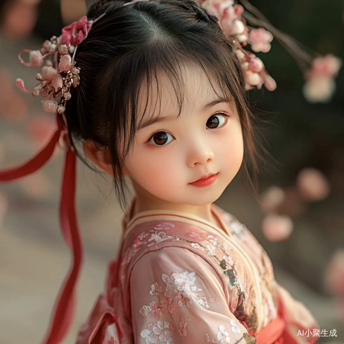 画面聚焦于一位一岁半的中国女娃，采用近景拍摄。她身着一袭精致汉服，汉服以柔软丝绸为料，上绣淡雅粉色桃花，袖口和裙摆有鹅黄色滚边，灵动又可爱。女娃乌黑浓密的头发上，系着一条鲜艳的红丝带，在阳光下闪耀着动人光泽。她那一双水汪汪的大眼睛，有着明显的双眼皮，眼眸如清澈湖水般明亮，灵动的眼神满是对世界的好奇。小巧的鼻子微微翘起，粉嫩的嘴唇如樱桃般娇艳，时不时露出天真无邪的笑容，脸颊上两个浅浅的酒窝仿佛藏着无尽甜蜜。整体画面尽显女娃的娇俏可爱，展现出独特的东方韵味。