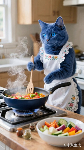 一只蓝色的猫站在灶台前，戴着围裙，专注地翻炒锅中的菜，蓝猫用铲子轻轻翻炒，锅里冒出香味。旁边的碗里放着切好的蔬菜和调料。它偶尔抬头看镜头，露出自信的表情。