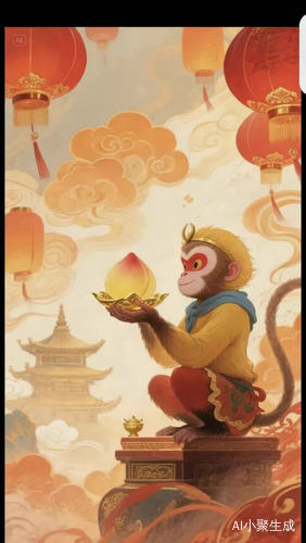 金猴送财送福送长寿，又机灵又好动。有福之人，快接财接福接长寿。