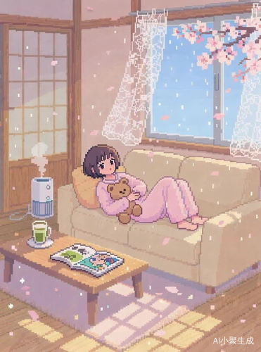 花瓣飘落，窗帘随着风也飘动着，小女孩眨着眼睛，小女孩的头发被风吹动着。