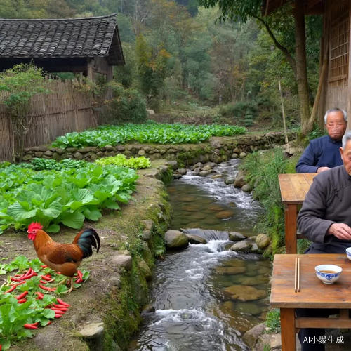 中文提示词：山间宁静的农家院落，清澈溪水缓缓流动，菜地里蔬菜丰收景象，一只公鸡在院落中悠闲漫步，一对和蔼的老年夫妻坐在饭桌旁，正拿着饭碗喝茶。n英文提示词：A quiet rural courtyard in the mountains, with clear streams flowing slowly. The vegetable field shows a bountiful harvest. A rooster is strolling leisurely in the courtyard. An amiable old couple is sitting at the dining table, drinking tea from rice bowls.