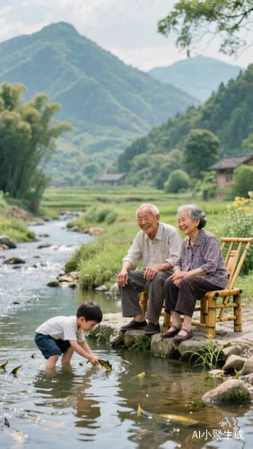 农村的田园是生活是前面有一条小溪后面还有山，阮子里坐着爷爷，奶奶他们正愉快地说笑一副幸福的模样关注小孩模鱼
