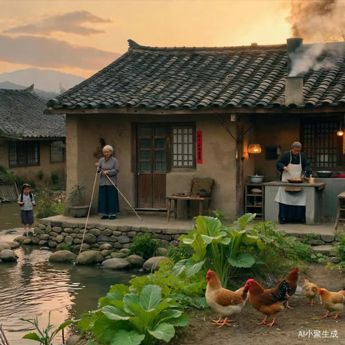 傍晚，一座土瓦房傍边有一条小溪流，一位老奶奶带着一个小孙女正在溪边钓鱼，厨房里老爷爷正在做饭炒菜，烟囱上吹烟滚滚飞向天空，门前莱地里的母鸡带着小鸡正在吃菜虫子！