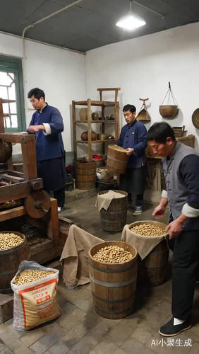 榨油房内人物有序分工合货