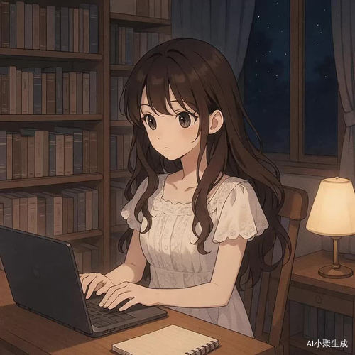 夜晚的书房中，一位美丽的少女坐在木质书桌前，身穿白色蕾丝连衣裙，棕色长卷发披散肩头，黑色眼珠在笔记型电脑的屏幕光与柔和台灯光交织中闪耀着温柔光辉。她正专注地在笔记本电脑上打字，神情安静沉浸，整间书房布置温馨文艺，书架整齐排列，窗帘轻垂，空气中弥漫着纸张与安宁的气息。整幅画面呈现日系二次元插画风格，色调柔和梦幻，氛围静谧、治愈，充满温暖的独处感。