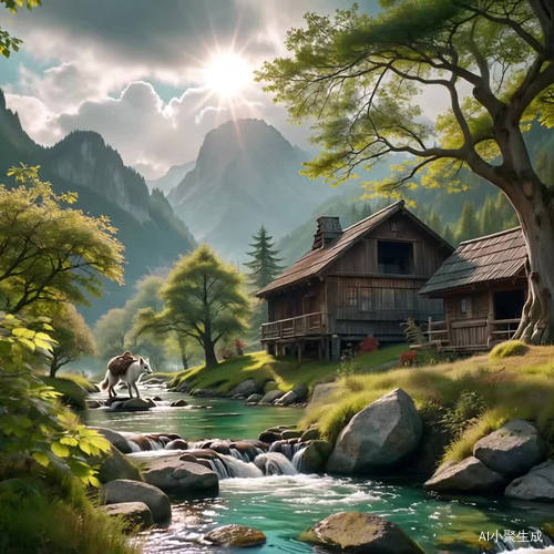 在一个美丽的山谷中，一条清澈的小溪穿过古底，溪边的树上挂满了绿叶。一只灵狐背上背着金币慢慢走来。阳光透过云层洒在大地和木屋上，形成一道美丽的光线。