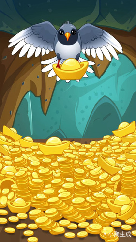 可爱的喜鹊叼着金块窝里撒满金子