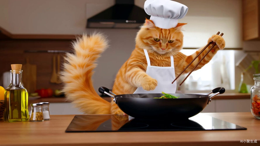 猫咪在拿着筷子炒菜