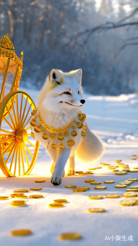 一只穿着金色衣的白狐走在雪地上，地面撒漫金币，后面还拉着一个金车
