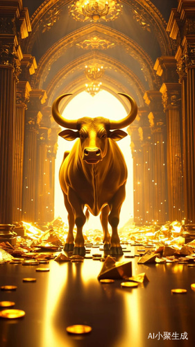 一头黄金的牛，站在满是黄金的官殿，背景金光闪闪，满地是金块和金币