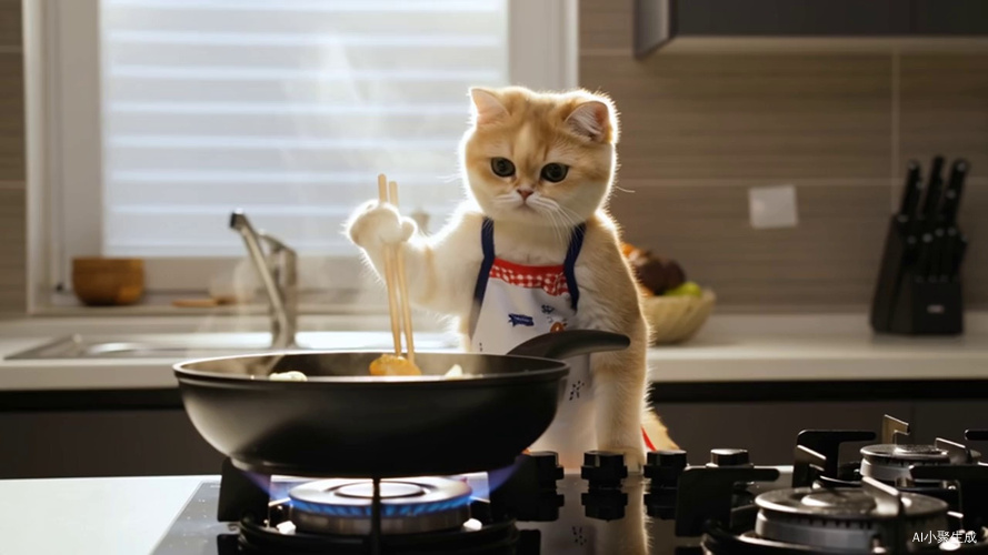 猫咪在拿着筷子炒菜