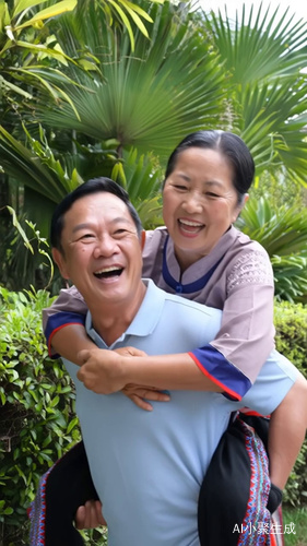 五一假期，中年男子背着98岁的妈妈外出游玩。在景区，男子背着妈妈边走边介绍风景如画的美丽。妈妈也在眉开眼笑的附和着。男子背着妈妈走起来，嘴巴在动在说话，景区的植物有点儿晃动