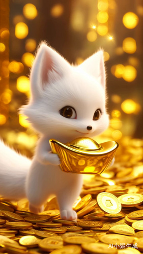 呆萌的九色白狐捧着金元宝往前面走过来，背景金光闪闪，旁边全部是金币闪闪发光