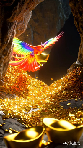 一只凤凰咀叨一块金子站在舖满金子的山洞前展翅飞來