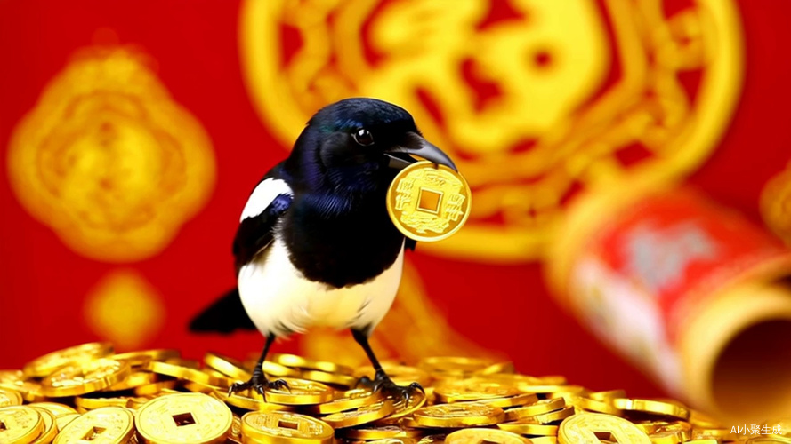 可爱的喜雀嘴上叼着金币，脚下踩着大堆金币唱着发材的歌曲
