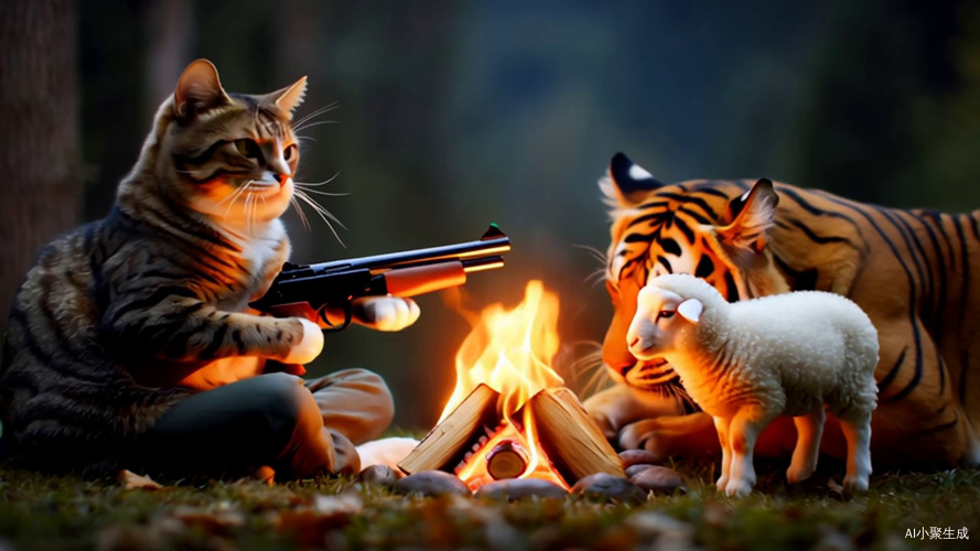 猫叫来了羊小羊，然后又来了老虎把羊大晕了一个猫那拿着冲锋枪与老虎吃着烤全羊在哈哈大笑给