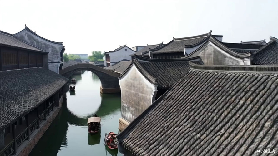 清明上河图的微观世界,青砖灰瓦的江南小镇,旁边有一条小河，运镜，由远及近