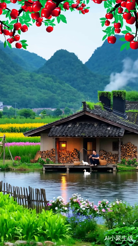 山水环绕的静谧乡村生活场景