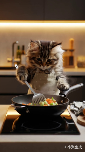 小猫拿着锅铲炒菜