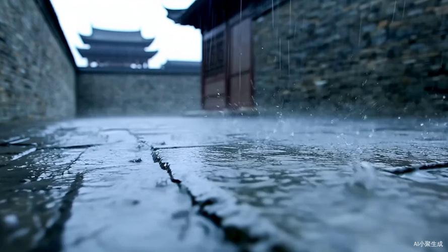 大雨落在古城的石板路上