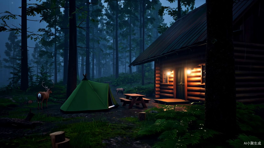 森林小屋灯光下的动物与帐篷细雨中的宁静