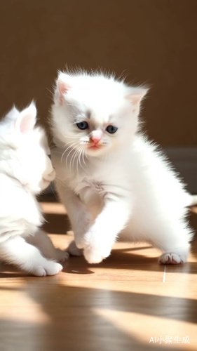 三只白色小猫咪嬉戏追逐打闹