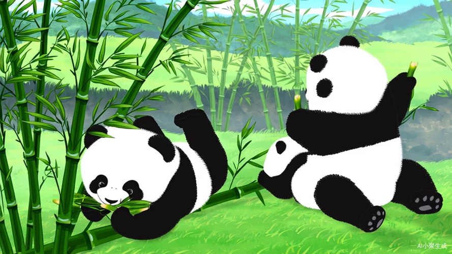 嗯，熊猫宝宝在一起玩耍，在一起吃竹笋快乐的生活，在自己的天地