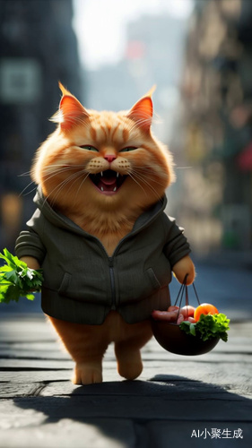 一个拟人化的胖橘猫张开嘴巴笑，走在路上提着猪蹄和菜电影质感，光影交错，画面细腻，
