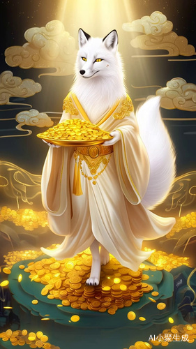 一只美丽的白狐，穿着金色的衣裳，手里托着一个金色的盘了，盘中放了许多金币向你走来。边走边撒，