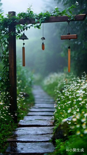 治愈，绿色系，雾，花，青石路，小雨，唯美，有风铃动