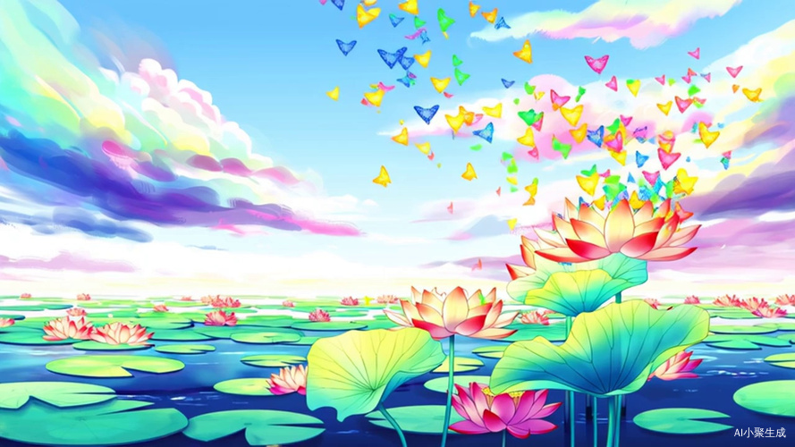 七彩祥云与七彩荷花共舞的美丽风景