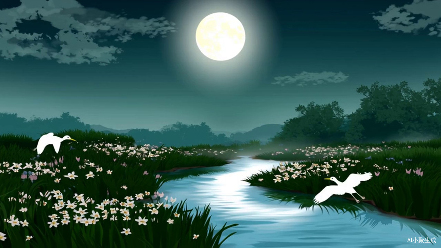 上挂着一轮明月地上鸟语花香小溪流水