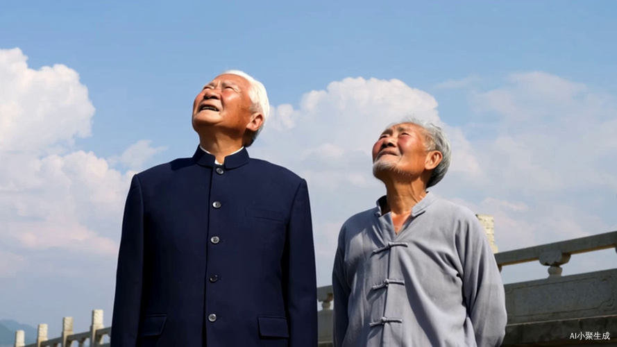 两个老人站在桥边仰望着天空
